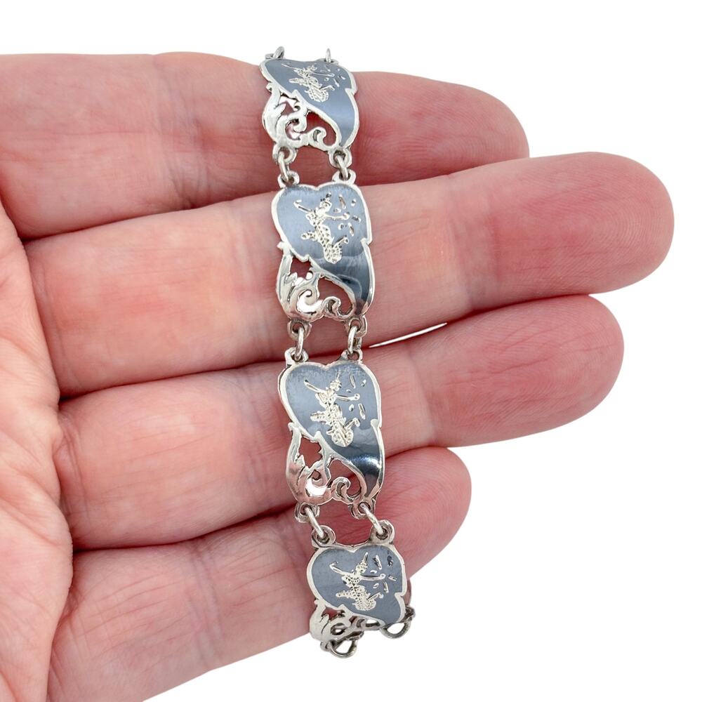 Vintage Sterling Silver 925 Black Niello Siam Dancer Bracelet 6"
